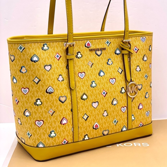 Michael Kors Yellow Heart Pattern Tote Shoulder Bag Large - Picture 1 of 16